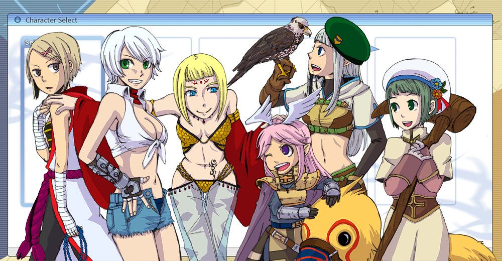 6+girls :d acolyte_(ragnarok_online) animal arm_wrap armor bandana bead_necklace beads belt bikini bird black_shorts blacksmith_(ragnarok_online) blonde_hair blue_belt blue_eyes blue_shirt blue_shorts blunt_bangs breastplate breasts brown_capelet brown_eyes brown_gloves brown_hair brown_shirt brown_skirt capelet character_select cleavage closed_mouth coat commentary_request cowboy_shot crop_top cropped_jacket cross crusader_(ragnarok_online) detached_sleeves elbow_gloves fake_wings falcon fingerless_gloves flower gauntlets gloves green_eyes green_hair grin gypsy_(ragnarok_online) harem_pants hat hat_flower head_wings holding holding_jewelry holding_necklace hunter_(ragnarok_online) jacket jewelry large_breasts leaf_hat_ornament long_hair long_sleeves looking_at_another looking_at_viewer looking_to_the_side medium_bangs medium_breasts midriff monk_(ragnarok_online) multiple_girls navel necklace one_eye_closed open_fly open_mouth oversized_animal pants pauldrons peco_peco pink_hair pointy_ears prayer_beads purple_eyes ragnarok_online red_bandana red_flower red_sleeves riding_bird rope_belt see-through sequins shirt short_bangs short_hair short_shorts short_sleeves shorts shoulder_armor skirt sleeveless sleeveless_shirt small_breasts smile strapless strapless_bikini swept_bangs swimsuit tam_(ragnarok_online) teeth tied_shirt umaruzo upper_teeth_only white_coat white_hair white_headwear white_jacket white_pants white_shirt white_wings wings yellow_bikini