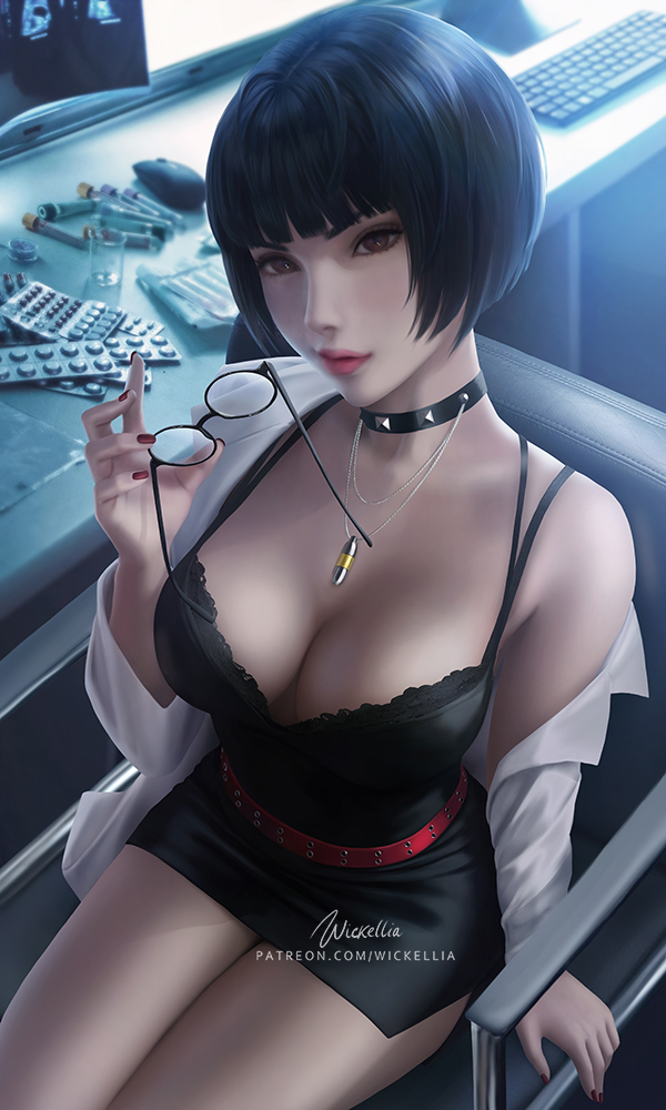 blue_hair breasts brown_eyes choker cleavage doctor dress glasses jewelry lab_coat legs medicine medium_breasts nail_polish necklace persona persona_5 short_dress short_hair takemi_tae thighs wickellia