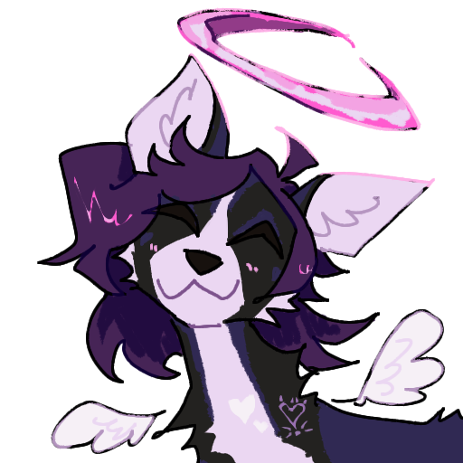 alpha_channel ambiguous_gender angel black_body black_fur canid canine feral fur guncht hair headshot_portrait icon mammal portrait purple_hair simple_background smile solo text transparent_background