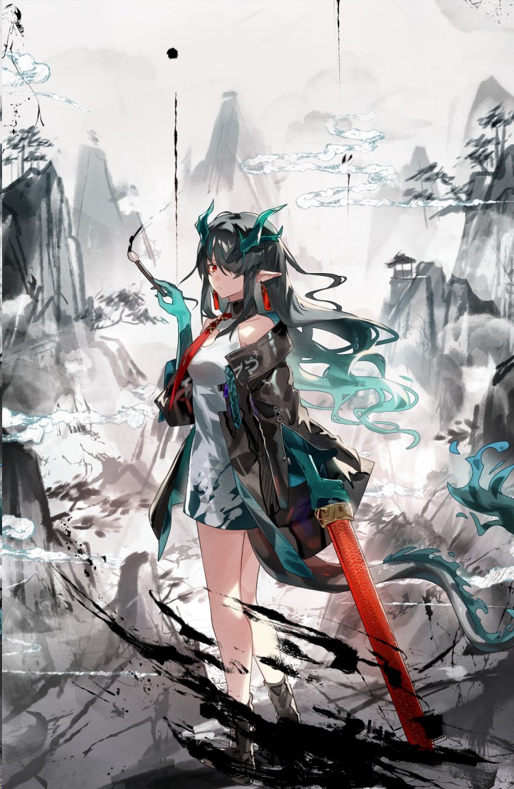 1girl arknights black_footwear black_hair black_jacket boots breasts calligraphy_brush cleavage_cutout closed_mouth clothing_cutout cloud colored_skin dragon_girl dragon_horns dragon_tail dress dusk_(arknights) earrings full_body grape_(pixiv27523889) green_jacket hair_over_one_eye holding holding_calligraphy_brush holding_sword holding_weapon horns ink ink_stain jacket jewelry long_hair looking_at_viewer medium_breasts mountain necktie paintbrush pointy_ears red_eyes red_necktie solo standing sword tail tassel tassel_earrings thighs very_long_hair wavy_hair weapon white_dress