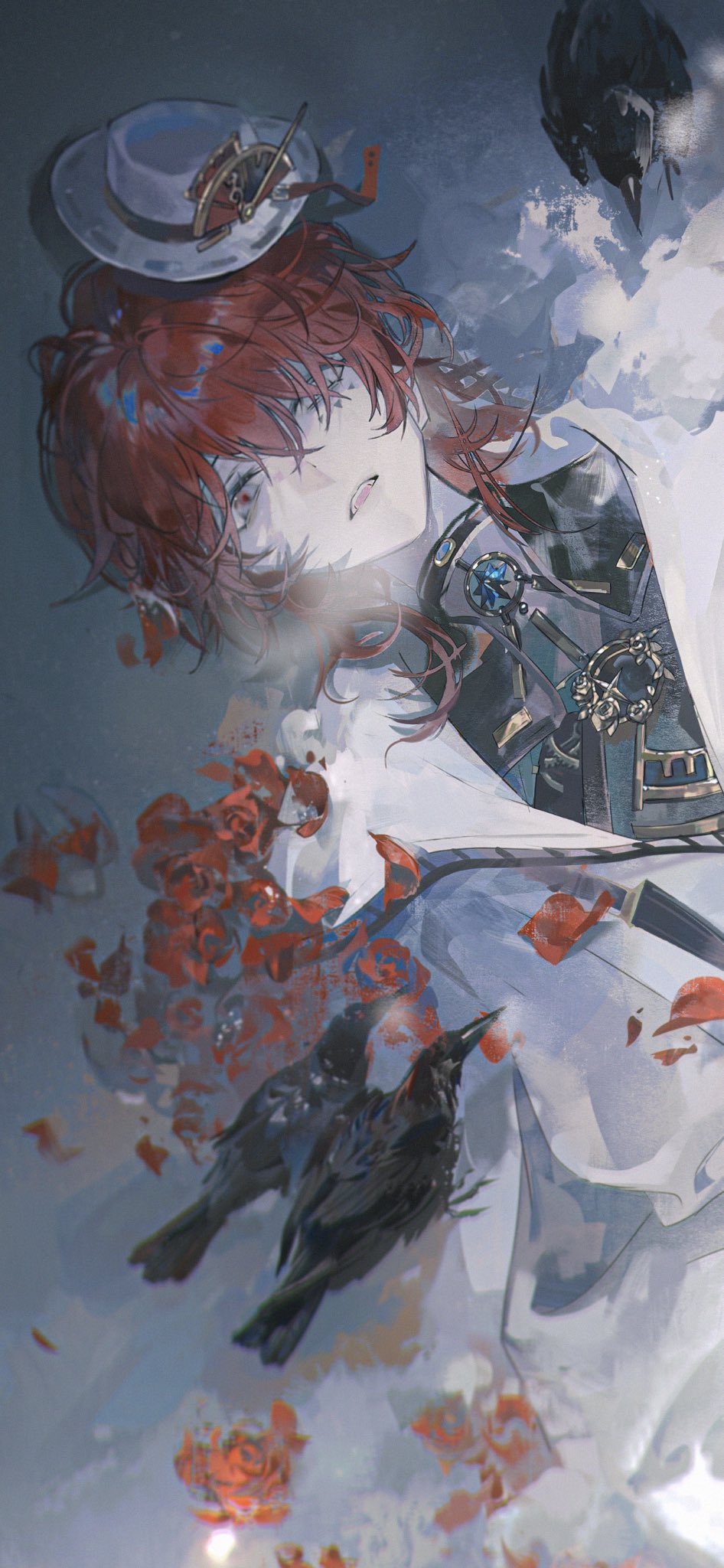 1boy aoseagrass bird blurry blurry_background cold crow flower hair_between_eyes hair_over_one_eye hat highres looking_at_viewer lying medium_hair on_back open_mouth original petals red_eyes red_flower red_hair red_petals red_rose rose rose_petals solo suit upper_body white_suit