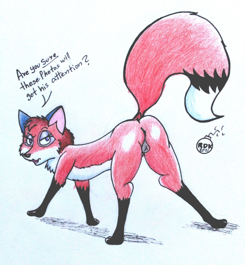 animal_genitalia butt canid canine dialogue dusk eyeshadow faux_pas female feral fox genitals makeup mammal presenting presenting_hindquarters purple_eyes reddragonkan solo traditional_media_(artwork)