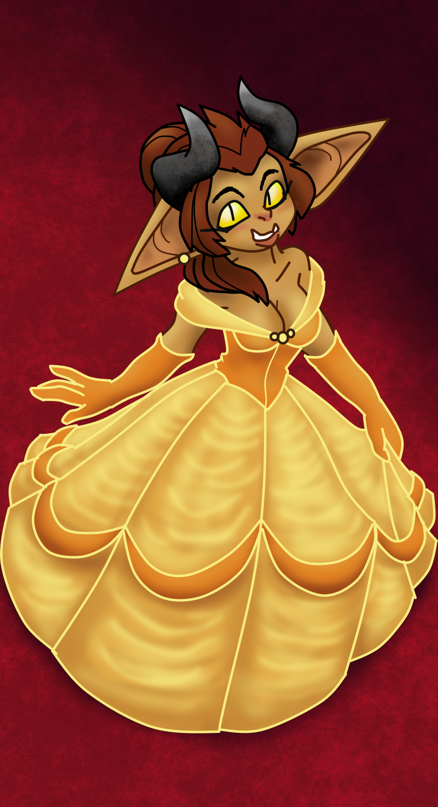 beast_(disney) beauty_and_the_beast belle_(beauty_and_the_beast) big_ears bunny75 clothing disney_princess dress female goblin hi_res horn humanoid looking_at_viewer looking_up red_carpet solo tusks yellow_eyes