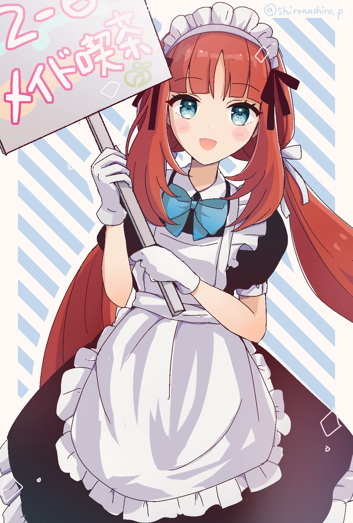 1girl :d alternate_costume apron black_dress blue_bow blue_bowtie blue_eyes bow bowtie commentary_request dress frills genshin_impact gloves highres holding holding_sign light_blush long_hair maid_apron maid_day maid_headdress nilou_(genshin_impact) open_mouth puffy_short_sleeves puffy_sleeves red_hair shironashiro_p short_sleeves sign smile solo translation_request very_long_hair white_gloves