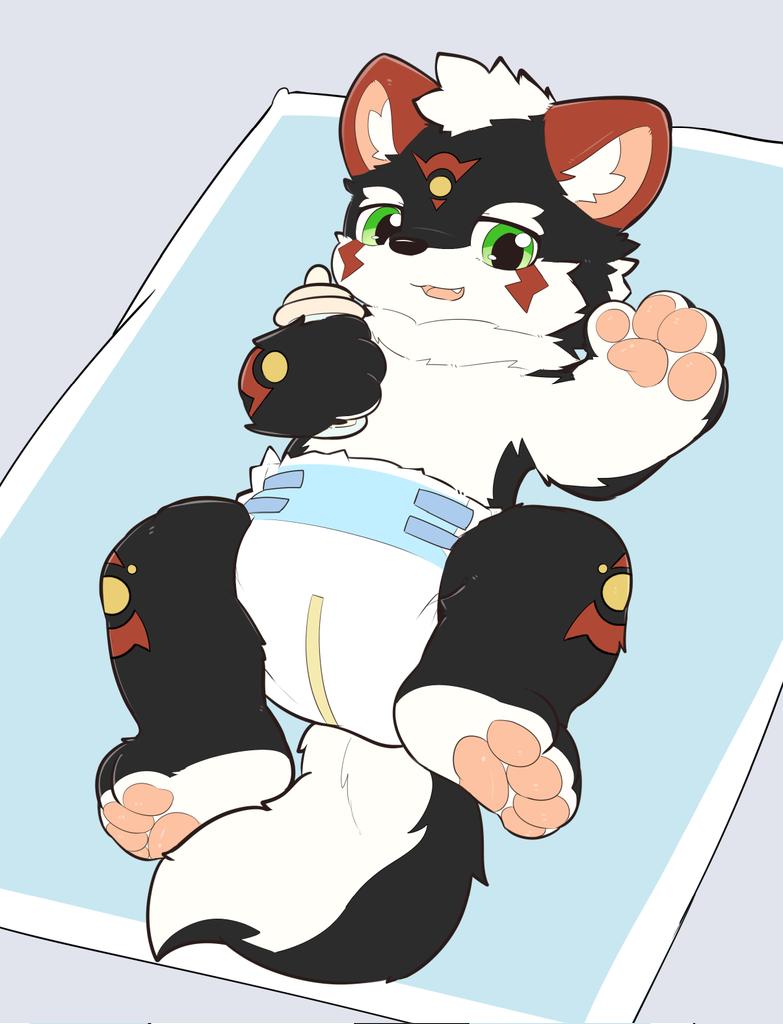 ambiguous_gender anthro baby_bottle clean_diaper clothed clothing diaper fluffy fluffy_tail kemono lytimow_(artist) pawpads paws solo tail wearing_diaper young