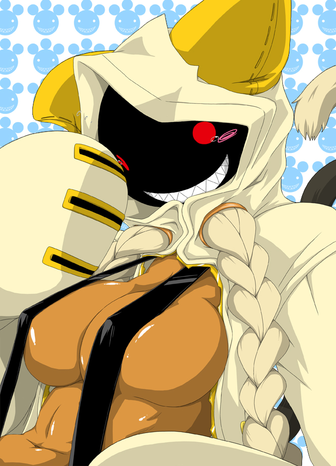 1girl animal_hood blazblue blonde_hair blush_stickers braid breasts cat_hood commentary_request covered_nipples dark-skinned_female dark_skin grin hood hood_up hoodie large_breasts long_sleeves looking_at_viewer navel red_eyes sharp_teeth shiny_skin sidimi smile solo suspenders taokaka tearing_up teeth twin_braids upper_body white_background yellow_hoodie