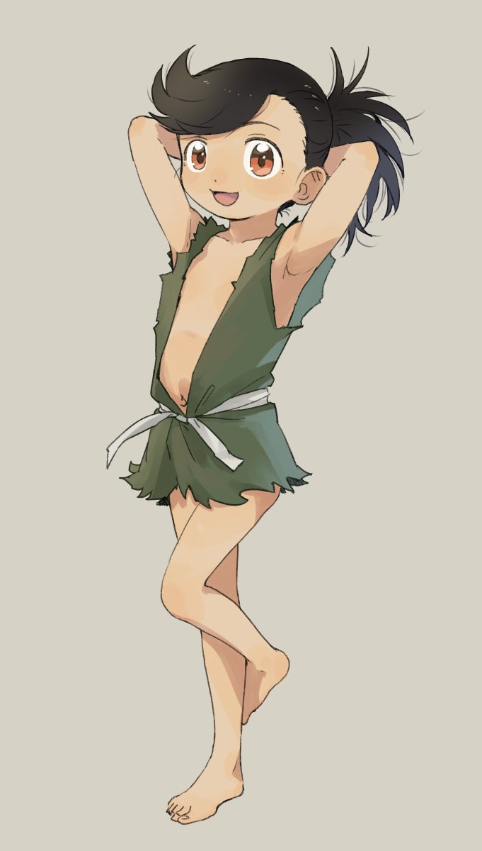 1girl :d armpits arms_behind_head barefoot black_hair dororo_(character) dororo_(tezuka) feet flat_chest full_body grey_background highres japanese_clothes looking_at_viewer navel plunging_neckline ponytail red_eyes satsuyo simple_background smile solo standing standing_on_one_leg tareme tomboy torn_clothes