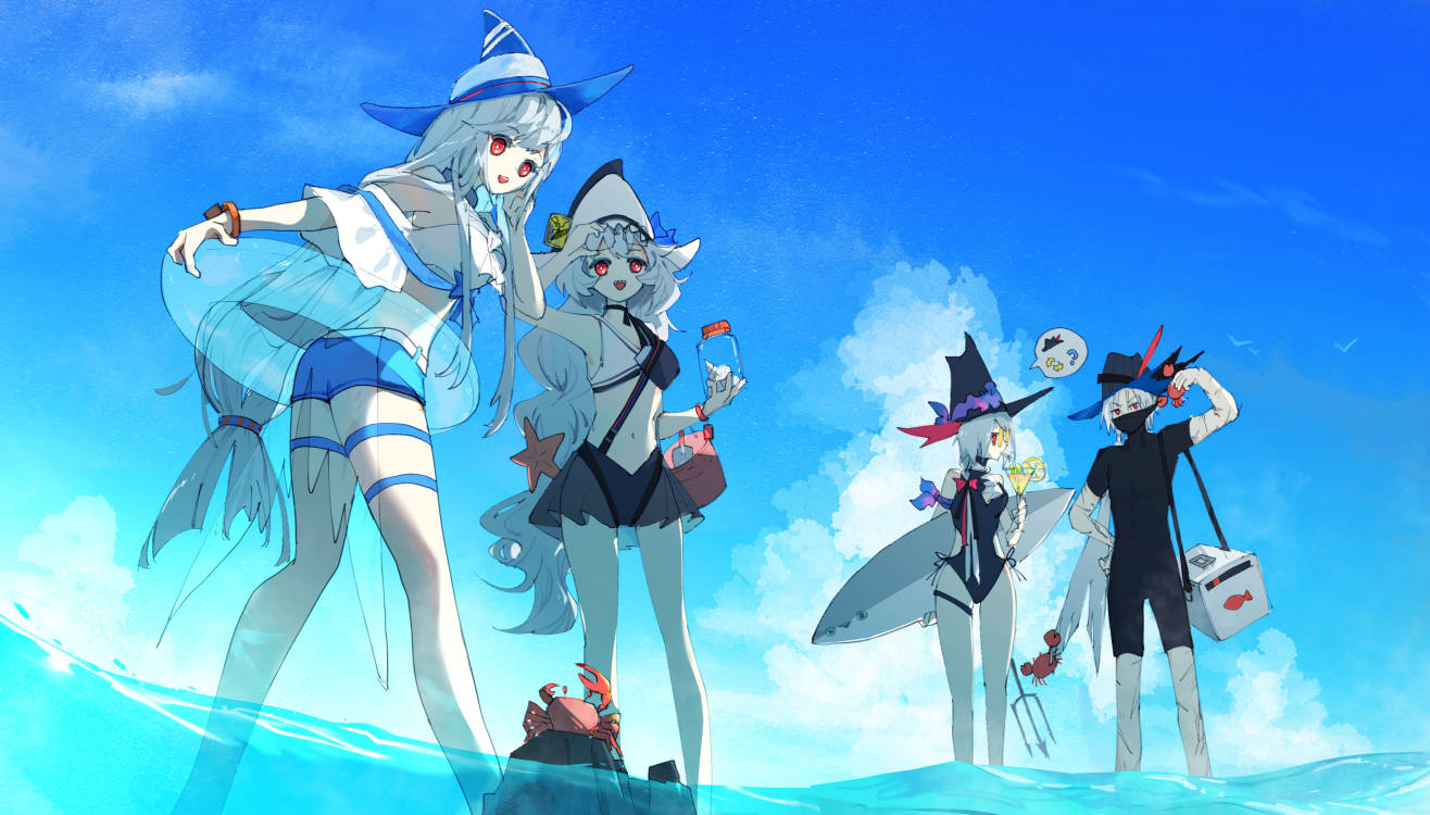 1boy 3girls alternate_costume arknights black_headwear blue_headwear blue_innertube bodysuit cloud commentary crab cup drinking_glass drinking_straw gladiia_(arknights) grey_hair hat innertube long_hair looking_at_viewer losia male_swimwear mask mouth_mask multiple_girls ocean official_alternate_costume one-piece_swimsuit orange-framed_eyewear outdoors polearm red_eyes sacabambaspis scar scar_on_arm scar_on_leg skadi_(arknights) skadi_(waverider)_(arknights) sky smile specter_(arknights) specter_the_unchained_(arknights) speech_bubble sunglasses swimsuit trident ulpianus_(arknights) very_long_hair weapon wetsuit