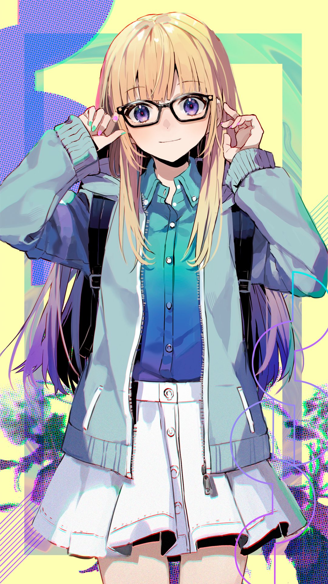1girl aqua_sweater backpack bag blonde_hair blue_eyes blue_shirt buttons eihi glasses highres light_blush long_hair looking_at_viewer multicolored_hair original purple_hair shirt skirt smile solo sweater thighs white_skirt yellow_background