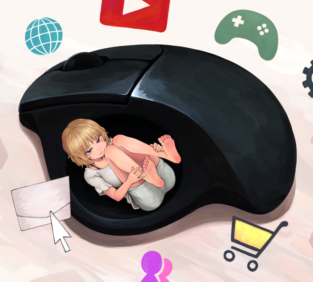 1girl barefoot bra_strap brown_hair commentary controller cursor dress envelope feet feet_up full_body game_controller gears globe gradient_background hugging_own_legs icon_(computing) light_brown_hair lying mini_person minigirl mouse_(computer) narrowed_eyes on_back original shadow shopping_cart short_hair short_sleeves soles solo toes wavy_hair white_background white_dress yajirushi_(chanoma) youtube_logo