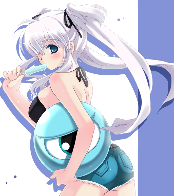 1girl ahoge ass bare_arms bare_shoulders belt bikini bikini_top_only black_belt black_bikini black_ribbon blue_eyes blue_shorts cutoffs drop_shadow fingernails flat_ass food grey_hair hand_up holding holding_food holding_popsicle koshikawa_guu long_hair mabinogi nao_(mabinogi) pocket popsicle ribbon short_shorts shorts solo swimsuit twintails