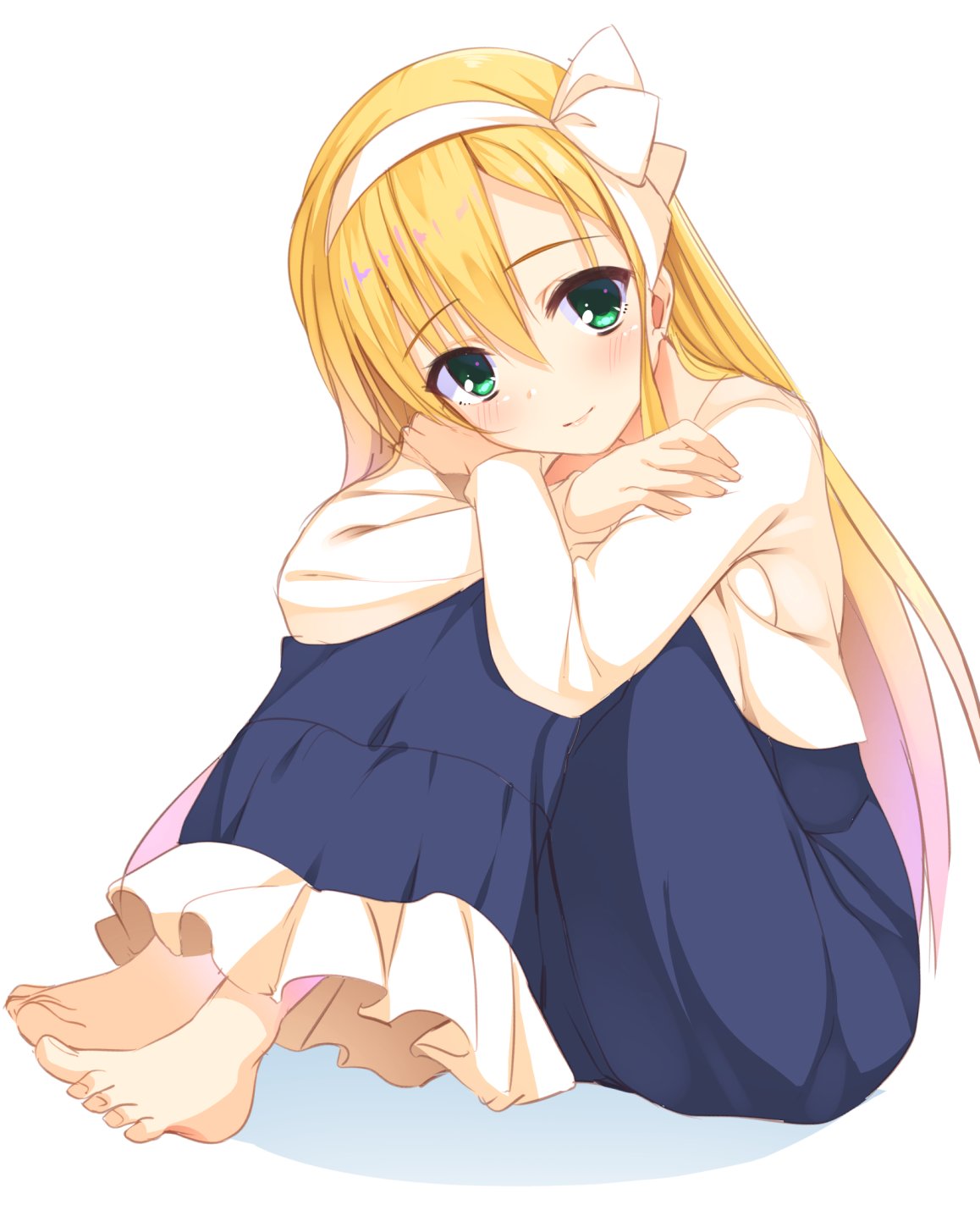 1girl aria. barefoot blonde_hair blue_skirt blush casual closed_mouth commentary_request crossed_arms eyelashes eyes_visible_through_hair feet frilled_skirt frills full_body green_eyes hair_between_eyes hair_ribbon hairband highres kanemoto_akari knees_up leaning_forward lips long_hair long_skirt long_sleeves looking_at_viewer noble_works one-hour_drawing_challenge ribbon shirt simple_background sitting skirt smile solo straight_hair toes upturned_eyes very_long_hair white_background white_hairband white_ribbon white_shirt