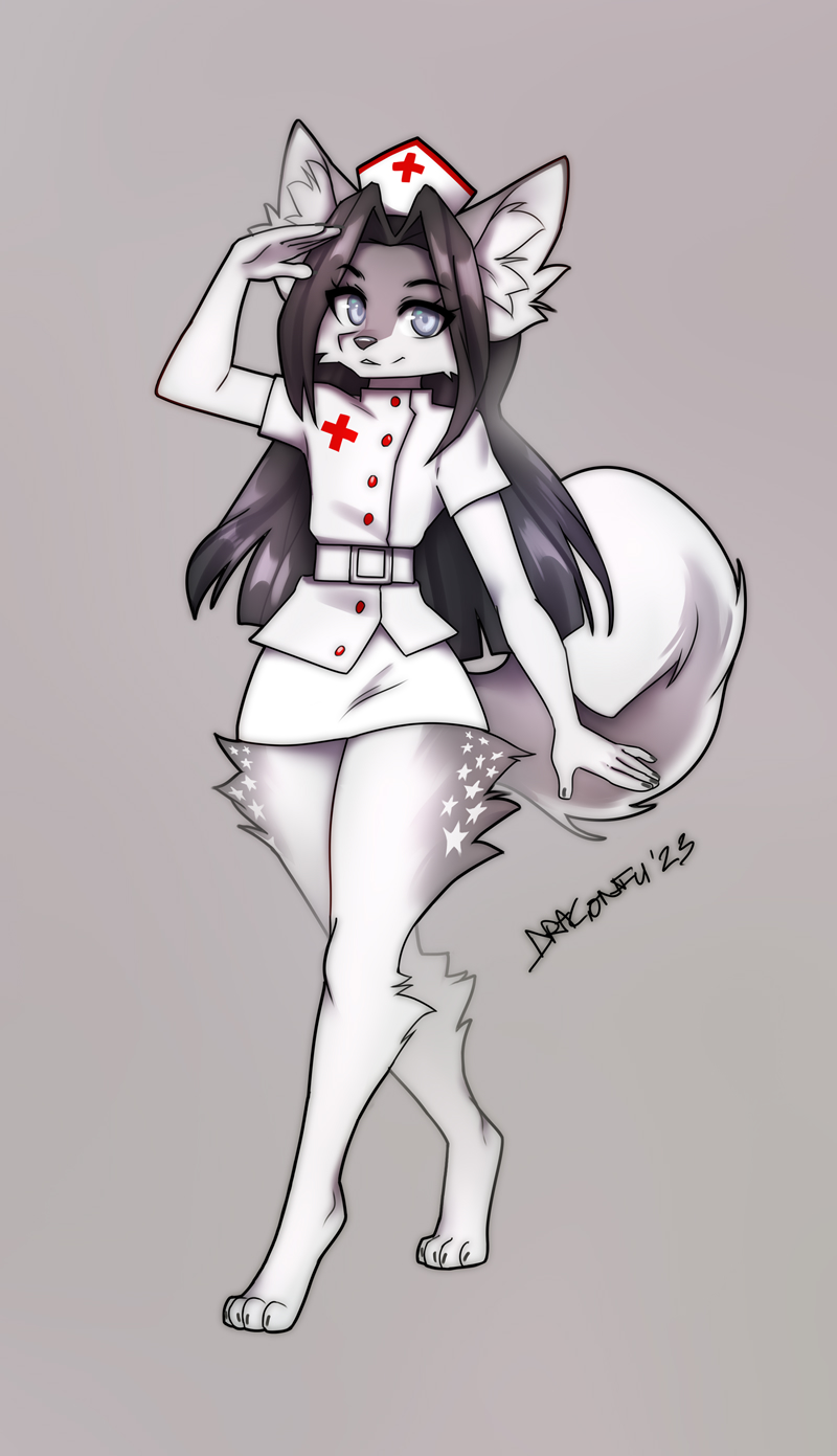 4_toes anthro black_hair canid canine canis clothed clothing crossdressing domestic_dog dragonfu feet fluffy fluffy_tail gesture grey_(character) grey_(greywolf570) hair hi_res husky hybrid long_hair looking_at_viewer male mammal nordic_sled_dog nurse_clothing nurse_uniform paws salute solo spitz standing tail toes uniform wolf