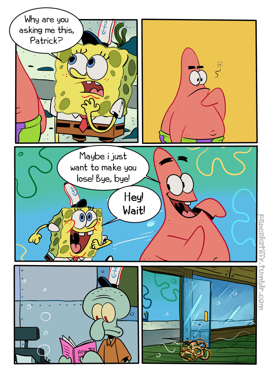 anthro asterozoan cephalopod coleoid comic detailed_background dialogue duo echinoderm english_text hi_res humor male marine mollusk nickelodeon octopodiform octopus on_model pancaketiffy patrick_star reading sea_sponge smile solo speech_bubble spongebob_squarepants spongebob_squarepants_(character) squidward_tentacles starfish text toony tumbleweed