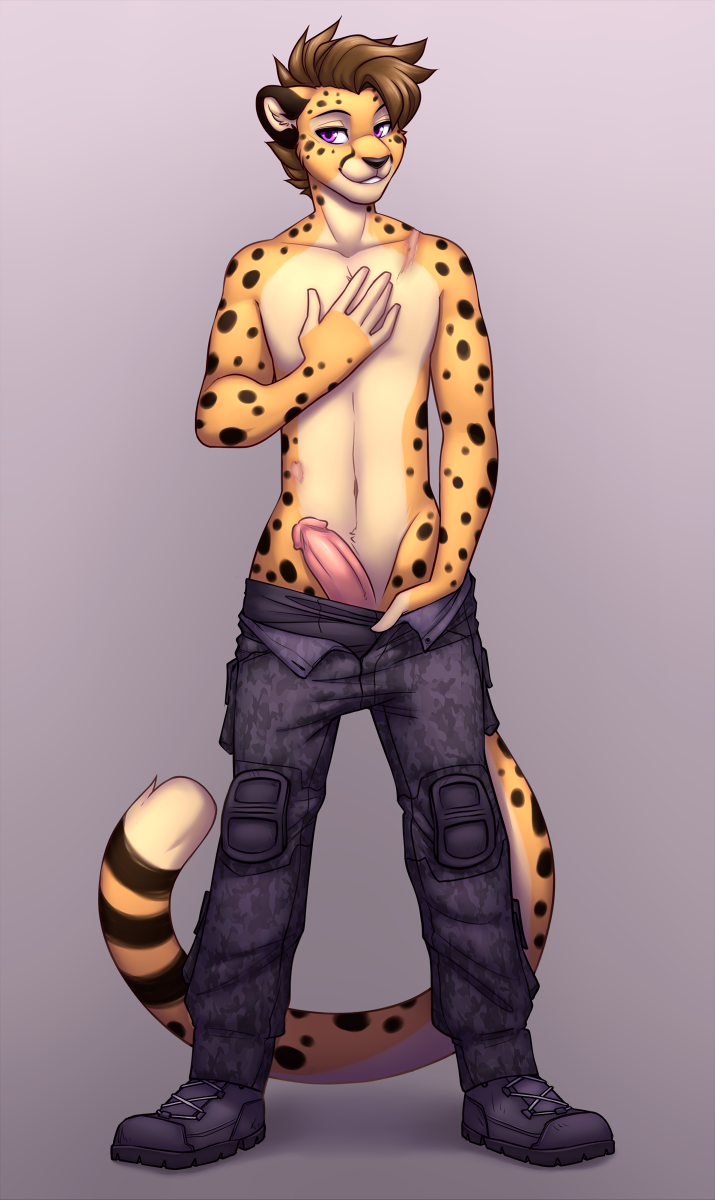 anthro bottomwear bottomwear_down brown_hair cheetah clothed clothing erection felid feline fur genitals hair hi_res humanoid_genitalia humanoid_penis lockworkorange male mammal pants pants_down partially_clothed penis poking_out purple_eyes shirtless simple_background smile solo spots spotted_body spotted_fur standing underwear underwear_down undressing yellow_body yellow_fur zachariah_(velocitycat)