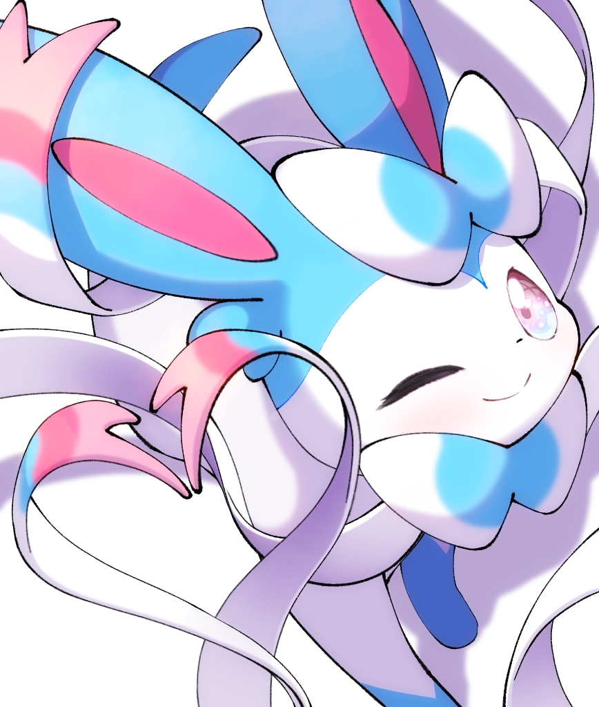 ;) alternate_color animal_focus bow closed_mouth from_above full_body gradient_eyes heart-shaped_hair light_blush long_eyelashes looking_at_viewer looking_up multicolored_eyes no_sclera one_eye_closed pokemon pokemon_(creature) prehensile_bow prehensile_hair ribbon shiny_pokemon simple_background smile solo sparkling_eyes sylveon three_quarter_view white_background yuui_art