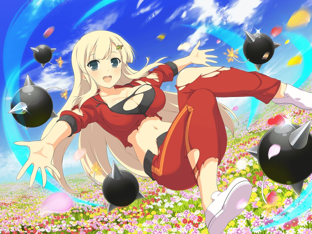 1girl :d aqua_eyes black_sports_bra blonde_hair blue_sky blush bomb breasts cleavage cloud collarbone day energy explosive falling_petals field flower flower_field fuse grass hair_ornament hairclip jacket large_breasts lit_fuse long_hair looking_at_viewer midair midriff navel official_alternate_costume official_art open_mouth outdoors pants petals pink_flower purple_flower red_flower red_jacket red_pants red_track_suit senran_kagura senran_kagura_shoujo-tachi_no_shin'ei shiny_skin sky smile solo sparkle sparks spikes sports_bra teeth tongue torn_clothes torn_jacket torn_pants torn_sports_bra upper_teeth_only white_flower white_footwear yaegashi_nan yellow_flower yomi_(senran_kagura)