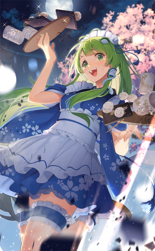 1girl apron black_thighhighs blue_footwear blue_garter blue_kimono blue_ribbon cherry_blossom_print cherry_blossoms cloud cloudy_sky cup eho_(icbm) eyelashes floral_print food_request frilled_apron frilled_gloves frilled_kimono frilled_sash frills frog_hair_ornament full_moon game_cg gloves green_eyes green_hair hair_ornament hair_ribbon holding holding_plate japanese_clothes kimono kochiya_sanae leg_up long_hair long_sleeves looking_at_viewer maid maid_headdress mary_janes moon motion_blur mug night night_sky obi official_alternate_costume official_art open_mouth outdoors plate ribbon sash shoes short_kimono single_hair_tube sky smile snake_hair_ornament solo sparkle tassel tassel_hair_ornament tea teacup teeth thigh_garter thighhighs touhou touhou_cannonball upper_teeth_only wa_maid white_apron white_headdress white_sash wide_sleeves