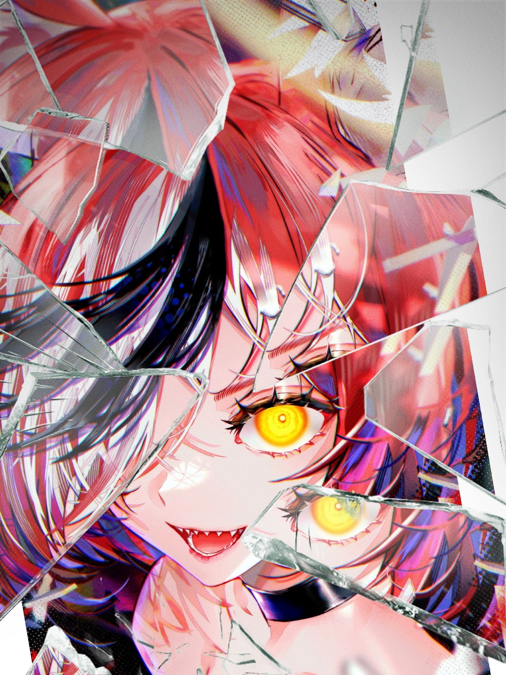 1girl animal_ears bare_shoulders black_choker black_hair bright_pupils broken_glass choker crazy crazy_smile eyelashes glass glass_shards hair_over_one_eye hakos_baelz halftone highres hololive hololive_english kubrick_stare mouse_ears mouse_girl multicolored_hair open_mouth portrait psycho_(hololive) red_hair reflection sharp_teeth short_hair smile sowon streaked_hair teeth virtual_youtuber white_hair white_pupils yellow_eyes