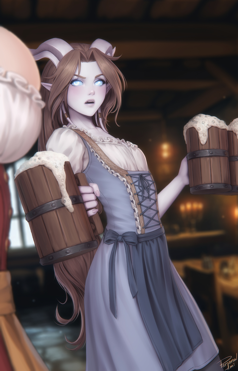 ambiguous_gender anthro blizzard_entertainment blue_eyes blush brown_hair clothed clothing draenei genitals hair hi_res holding_object horn humanoid iridi_(malberrybush) personalami solo tail warcraft white_body