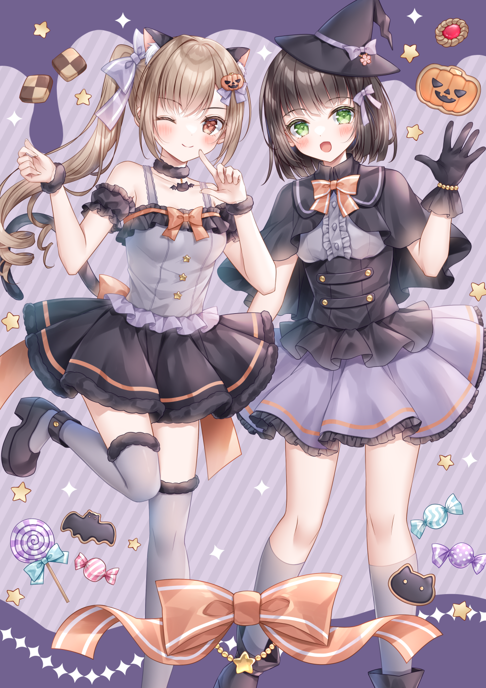 2girls :d ;) black_capelet black_footwear black_gloves black_hair black_headwear black_skirt blush boude_miu bow breasts brown_eyes brown_hair camisole candy_wrapper capelet center_frills closed_mouth commentary_request diagonal_stripes feet_out_of_frame frills fur-trimmed_thighhighs fur_trim gloves green_eyes grey_bow grey_camisole grey_shirt grey_skirt grey_socks grey_thighhighs hair_bow hair_ornament hand_up hat highres jack-o'-lantern jack-o'-lantern_hair_ornament kohinata_hoshimi long_hair looking_at_viewer midorikawa_sakura mini_hat mini_witch_hat multiple_girls one_eye_closed original pleated_skirt ringlets shirt shoes short_hair skirt small_breasts smile socks standing standing_on_one_leg star_(symbol) striped striped_background thighhighs twintails very_long_hair witch_hat