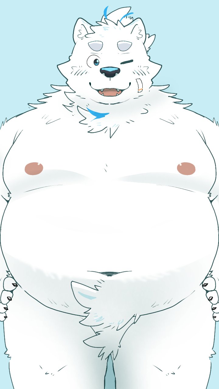 2023 anthro belly big_belly blue_background canid canine canis domestic_dog hi_res kemono lifewonders live_a_hero male mammal menmen_kesinn moobs navel nipples one_eye_closed overweight overweight_male simple_background solo white_body wink yohack