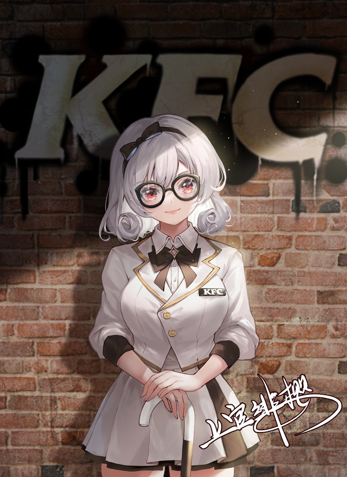 1girl black-framed_eyewear black_hairband breasts brick_wall cane closed_mouth colonel_sanders cowboy_shot curly_hair hairband highres jacket jokanhiyou kfc large_breasts looking_at_viewer original red_eyes short_hair skirt smile solo standing white_hair white_jacket white_skirt