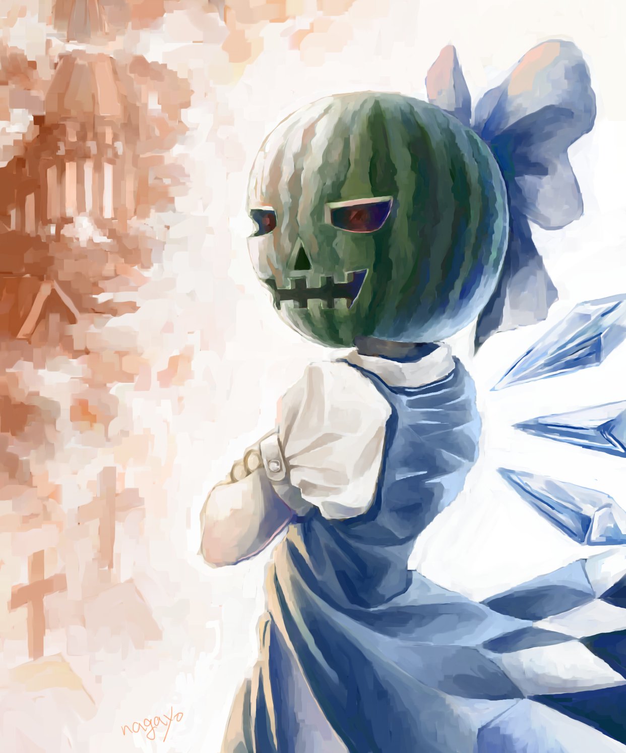 1girl artist_name blue_bow blue_dress bow brown_eyes cirno commentary_request cowboy_shot crossed_arms dress food fruit hair_bow highres ice ice_wings jack-o'-lantern jack-o'-lantern_head looking_to_the_side nagayo pinafore_dress puffy_short_sleeves puffy_sleeves shirt short_sleeves sleeveless sleeveless_dress solo touhou watermelon white_shirt wings