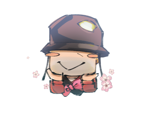 1boy :v beard_stubble blush_stickers bow bowtie chibi cropped_torso elbow_rest happy_aura hardhat hat_over_eyes helmet ina_zuma long_sleeves male_focus pink_bow pink_bowtie smile soldier_(tf2) solo team_fortress_2