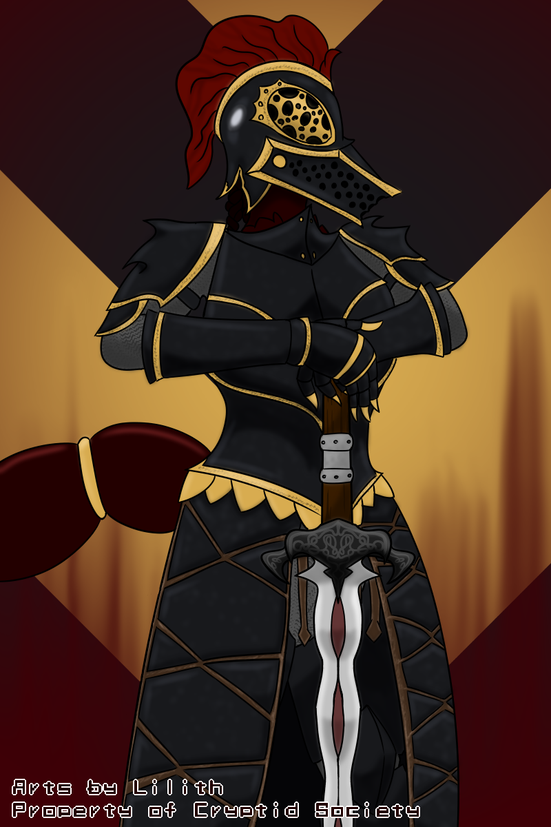 anthro apollyon_(for_honor) armor attention banner black_armor blood bodily_fluids canid canine canis cryptid_queen dobermann domestic_dog female flag flamberge gold_(metal) grate hi_res hybrid latex lilith_(cryptid_queen) mammal melee_weapon metal_claws pinscher plume proud solo spikes standing sword weapon