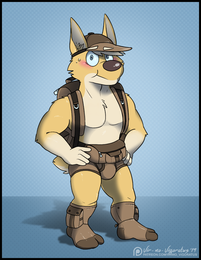 2019 anthro avery_(vir-no-vigoratus) backpack baseball_cap blue_background blue_eyes blush bodily_fluids briefs brown_backpack brown_baseball_cap brown_briefs brown_clothing brown_hat brown_headwear brown_nose brown_underwear bulge canid canine canis cargo_socks clothed clothing detailed_background domestic_dog fanny_pack footwear hat headgear headwear herding_dog male mammal muscular muscular_male pastoral_dog shadow simple_background socks solo sweat topless underwear vir-no-vigoratus welsh_corgi