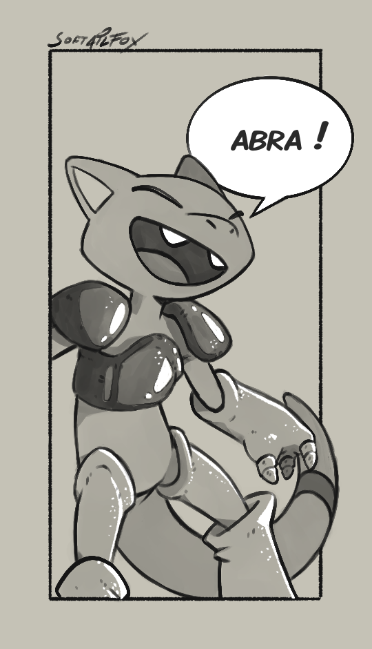 abra anthro big_mouth_(anatomy) black_and_white carapace comic comic_book comic_panel eyes_closed generation_1_pokemon monochrome nintendo open_mouth open_smile pokemon pokemon_(species) sketch smile softailfox solo speech_bubble toony unfinished