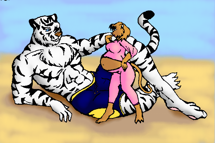 anthro belly big_breasts bottomwear breasts clothing danellz digital_media_(artwork) domestic_cat duo felid feline felis female fur larger_male lizzy_(character) male mammal marnol muscular muscular_anthro muscular_male pantherine pants pregnant pregnant_female shorts size_difference smaller_female striped_body striped_fur stripes tiger topwear