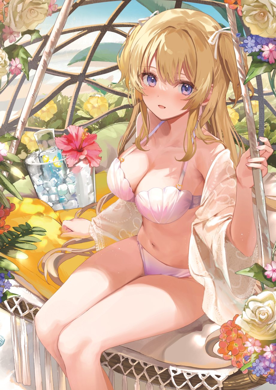 1girl blonde_hair blush bra cardigan flower hair_ribbon hanging_chair hibiscus highres ice_bucket kanda_done lingerie off_shoulder original panties plant purple_bra purple_eyes purple_panties red_flower ribbon rose see-through_cardigan sidelocks sitting smile solo swept_bangs twintails underwear white_cardigan white_flower white_ribbon white_rose