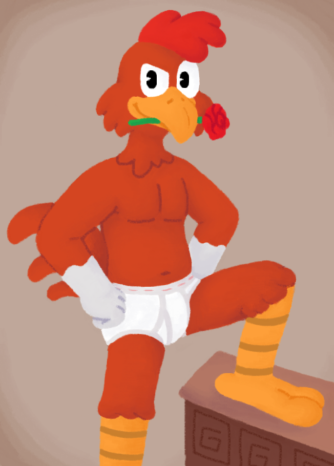 anthro avian barefoot beak bird black_eyes briefs briefs_only brown_background chicken clothed clothing detailed_background disney feathers feet flower flower_in_mouth galliform gallus_(genus) gramy male orange_beak orange_feet orange_legs panchito_pistoles phasianid plant red_body red_feathers rose_(flower) rose_in_mouth seductive simple_background smile solo tighty_whities topless underwear underwear_only white_briefs white_clothing white_underwear