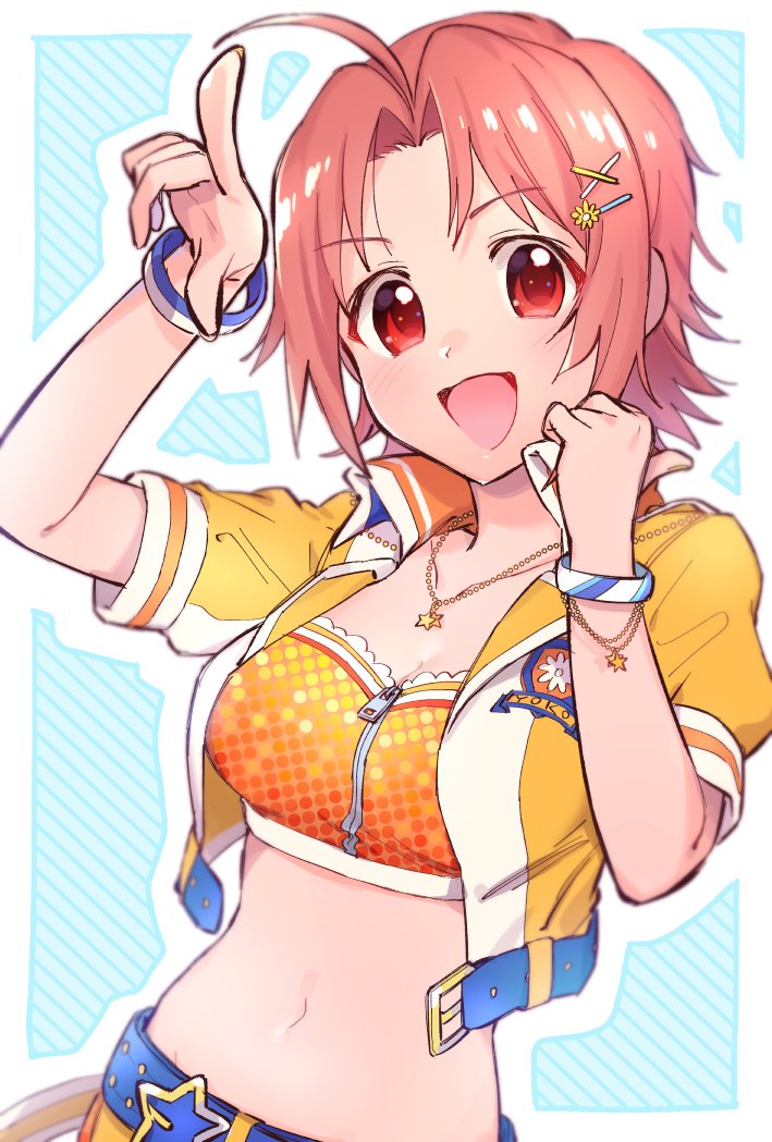 1girl ahoge belt blue_background blue_belt bracelet breasts brown_hair cleavage collarbone cropped_jacket cropped_shirt hair_ornament hairclip idolmaster idolmaster_cinderella_girls idolmaster_cinderella_girls_starlight_stage index_finger_raised jacket jewelry large_breasts midriff nanonin navel necklace open_clothes open_jacket open_mouth red_eyes saito_yoko shirt short_hair short_sleeves smile solo star_(symbol) star_necklace striped striped_background thumbs_up yellow_jacket yellow_shirt zipper