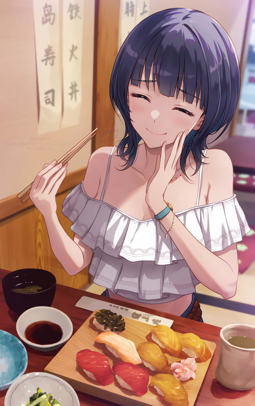 1girl asaka_karin black_hair blurry blurry_background bowl breasts chopsticks closed_eyes closed_mouth collarbone crop_top cup eating food frilled_shirt frills happy highres holding holding_chopsticks indoors large_breasts love_live! love_live!_nijigasaki_high_school_idol_club medium_hair miso_soup mole mole_on_collarbone plate restaurant shamakho shirt smile solo soy_sauce sushi tea