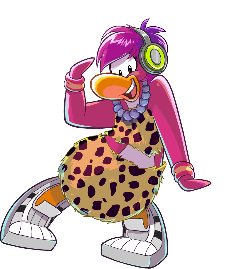 alpha_channel avian bird clothing club_penguin dj_cadence female footwear full-length_portrait fur_pattern hair headphones jewelry looking_at_viewer necklace official_art pattern_clothing penguin pink_hair portrait shoes short_hair sleeveless_shirt solo unknown_artist upper_teeth_only white_clothing white_footwear