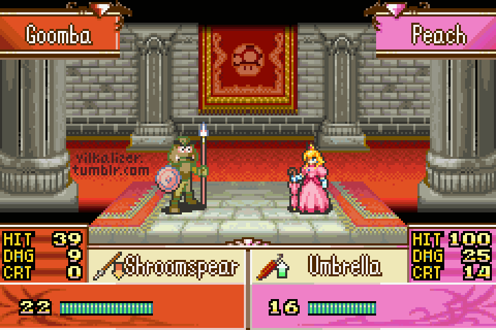 1girl animated animated_gif blonde_hair concealed_weapon critical_hit crossover crown dodging dress duel english_text fire_emblem goomba heads-up_display mario_(series) pink_dress pixel_art princess_peach sprite super_star_(mario) tumblr_username vilkalizer weapon