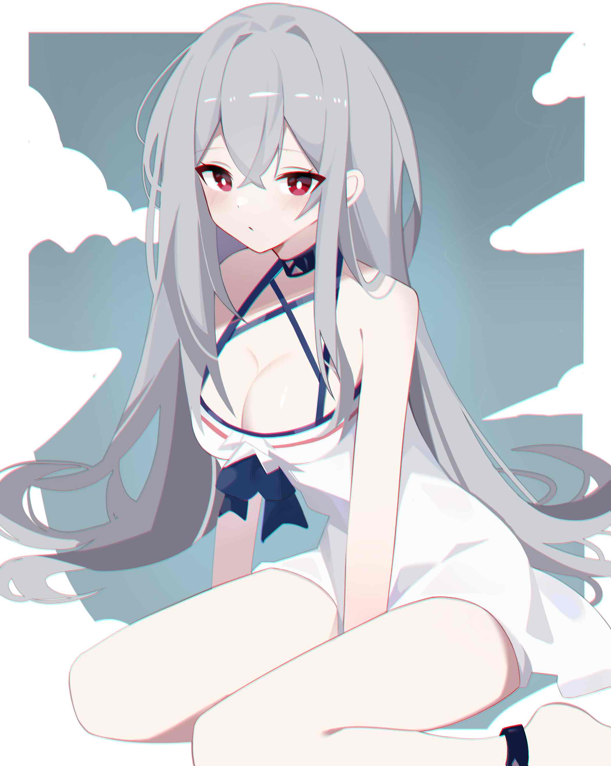 1girl absurdres adapted_costume anklet arknights bare_shoulders barefoot between_legs black_choker breasts bright_pupils choker cleavage closed_mouth commentary_request dress grey_background grey_hair hand_between_legs highres jewelry long_hair looking_at_viewer medium_breasts official_alternate_costume red_eyes simple_background sitting skadi_(arknights) skadi_(waverider)_(arknights) sleeveless sleeveless_dress solo sundress twilight_(cgkk4357) very_long_hair wariza white_dress