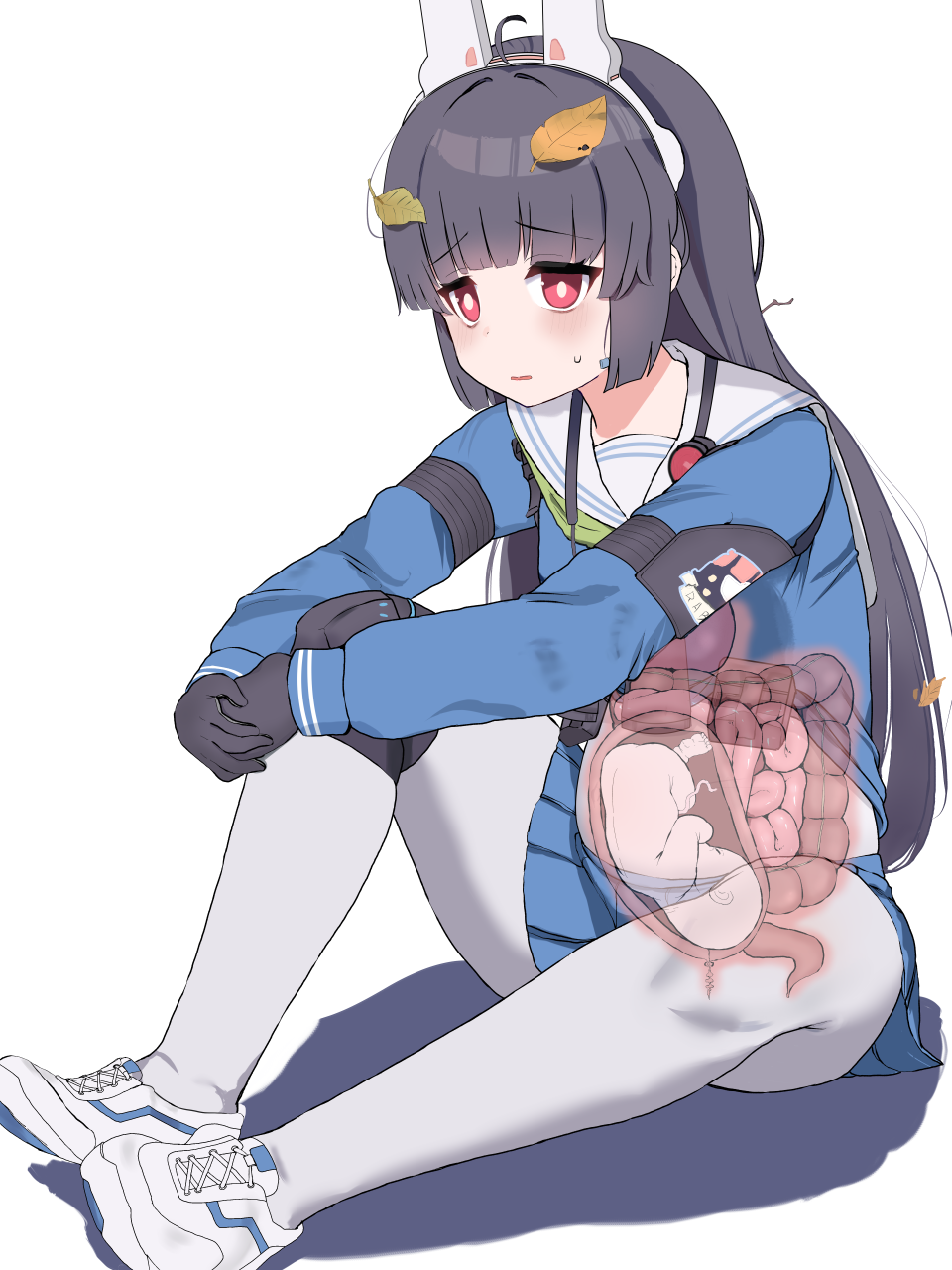 1girl animal_ears big_belly binoculars black_hair blue_archive blue_shirt blue_skirt blunt_bangs cross-section fake_animal_ears fetus highres hime_cut intestines leaf leaf_on_head long_hair miyu_(blue_archive) pantyhose pokaan_(aserazu_netamazu) pregnant school_uniform serafuku shirt simple_background skirt straight_hair umbilical_cord uterus white_background white_pantyhose x-ray