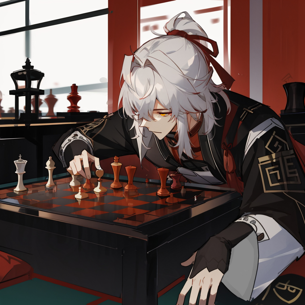 1boy ahoge black_gloves black_jacket board_game chess chess_piece chessboard closed_mouth fingerless_gloves fingernails gloves grey_hair hair_between_eyes hair_ribbon hand_up holding holding_chess_piece honkai:_star_rail honkai_(series) indoors jacket jar jing_yuan long_hair long_sleeves looking_to_the_side male_focus orange_eyes ponytail red_ribbon red_shirt reflection ribbon shirt sidelocks sitting smile solo wall wide_sleeves window