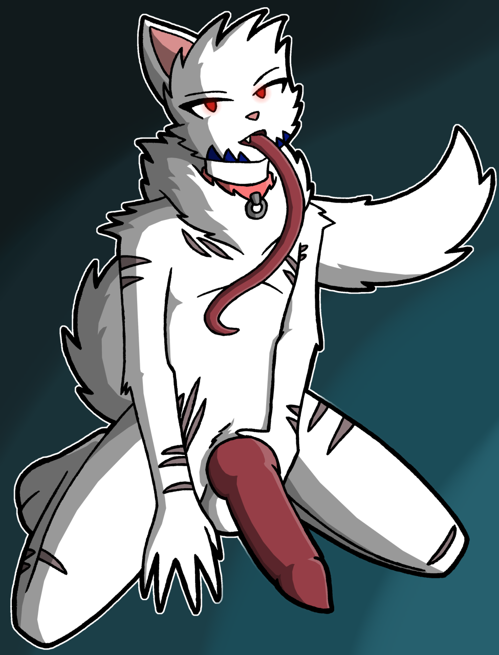anthro big_penis blue_stripes collar felid feline fluffy fluffy_tail genitals glowing glowing_eyes hi_res kneeling knot long_tongue looking_at_viewer male mammal miksu4542 neck_tuft one_ear penis red_eyes scar scars_all_over sharp_teeth solo stripes tail teeth tongue tuft