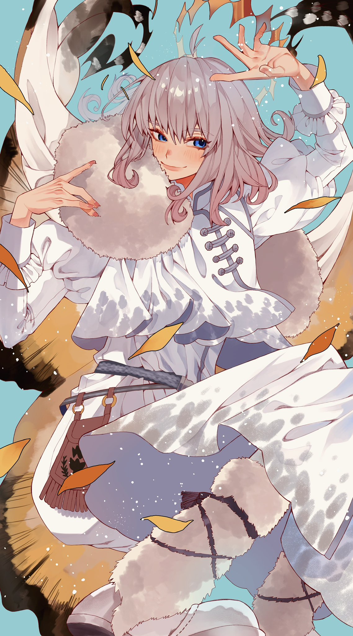 1boy belt blue_background blue_eyes cloak fate/grand_order fate_(series) fur_cloak grey_hair hairband_removed highres juliet_sleeves kujiraoka leaf leg_warmers long_sleeves male_focus oberon_(fate) puffy_sleeves robe shirt smile solo white_footwear white_robe white_shirt wings