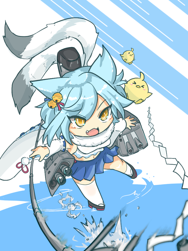 1girl animal_ears aqua_hair asymmetrical_legwear azur_lane bell black_footwear blue_ribbon blue_skirt blush_stickers cannon chibi commentary_request detached_sleeves eyes_visible_through_hair fang fox_ears fox_tail fubuki_(azur_lane) full_body fur_scarf grey_tail hair_bell hair_ornament hair_ribbon himajin_(fd_jin) jingle_bell manjuu_(azur_lane) miniskirt navel no_nose open_mouth outstretched_arms pleated_skirt red_ribbon ribbon ribbon-trimmed_sleeves ribbon_trim rudder_footwear sandals shide short_hair single_sock single_thighhigh skirt smokestack socks solo spread_arms tail thighhighs uneven_legwear white_background white_sleeves white_socks white_thighhighs wide_sleeves yellow_eyes