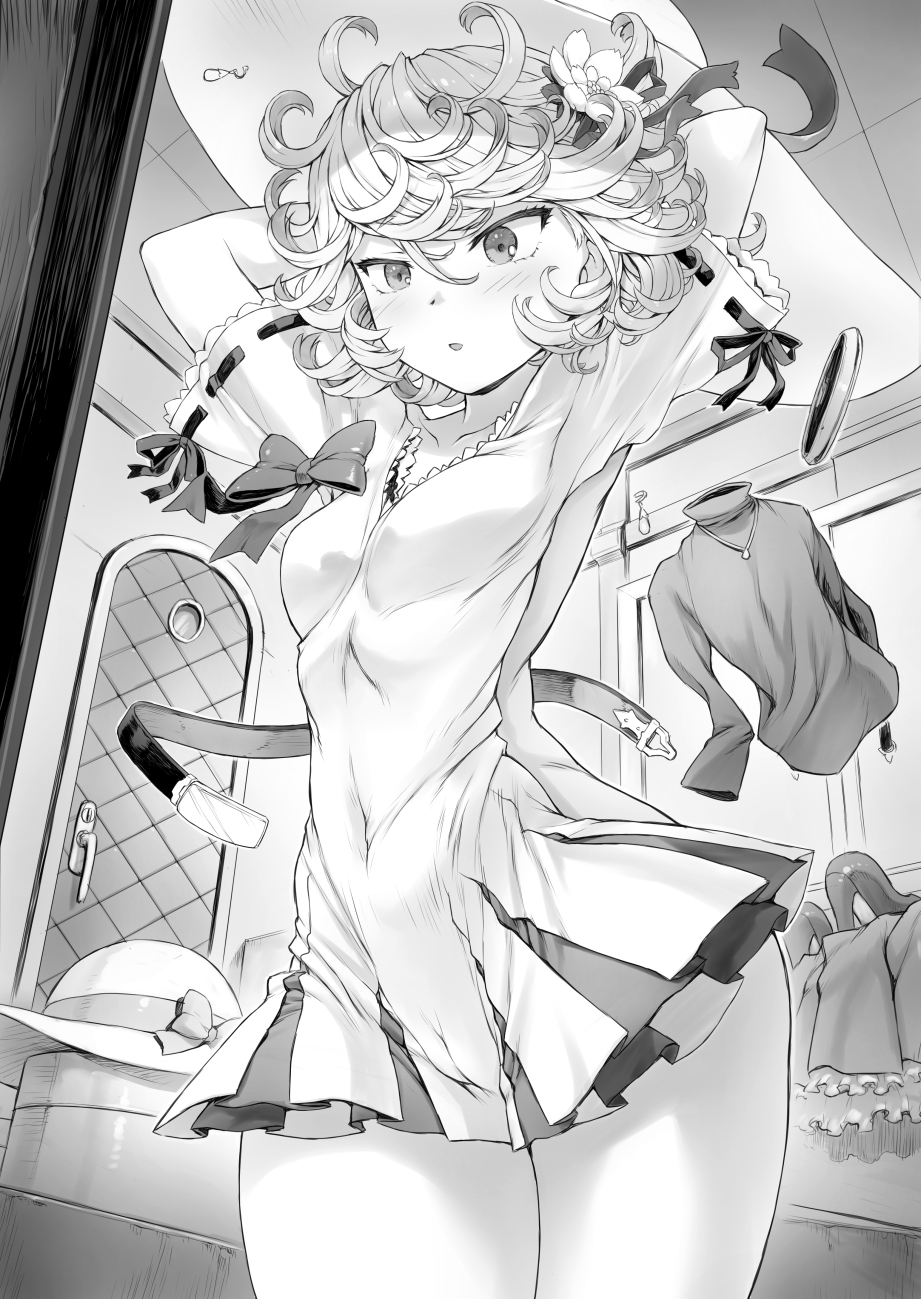 1girl :o arms_behind_head belt blush bow bowtie breasts cameltoe ceiling clothes curly_hair dress flipped_hair floating floating_clothes floating_object flower greyscale hair_between_eyes hair_flower hair_ornament hat high_heels highres indoors medium_hair mirror mogudan monochrome one-punch_man parted_lips pleated_dress reflection ribbon-trimmed_sleeves ribbon_trim shirt shoes short_dress short_sleeves small_breasts solo sun_hat tatsumaki telekinesis tile_ceiling tiles