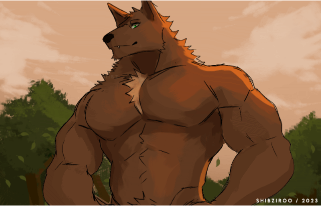 animated anthro artfight canid canine canis chest_tuft coyote domestic_dog equid equine horse hybrid kyoot_(snakedakyoot) leafs male mammal muscular muscular_male pecs shibziroo solo tuft