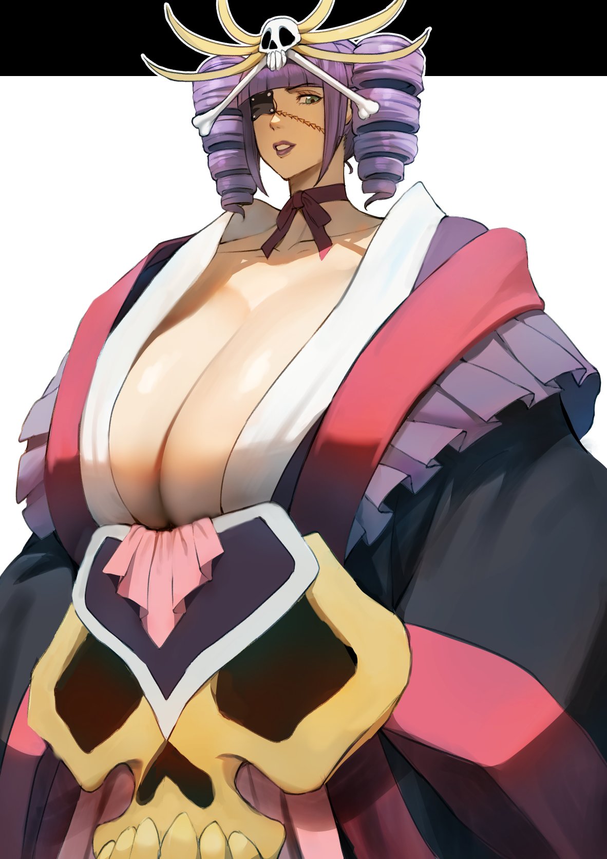 1girl black_background bleach bleach:_zanpakutou_ibun_hen blue_eyes breasts cleavage collarbone curvy drill_hair eyepatch ghostdoctor gigantic_breasts hair_ornament highres huge_breasts japanese_clothes katen_kyoukotsu large_breasts lipstick looking_at_viewer makeup mature_female neck_ribbon nipples personification purple_hair purple_lips ribbon skull skull_hair_ornament smile solo two-tone_background white_background