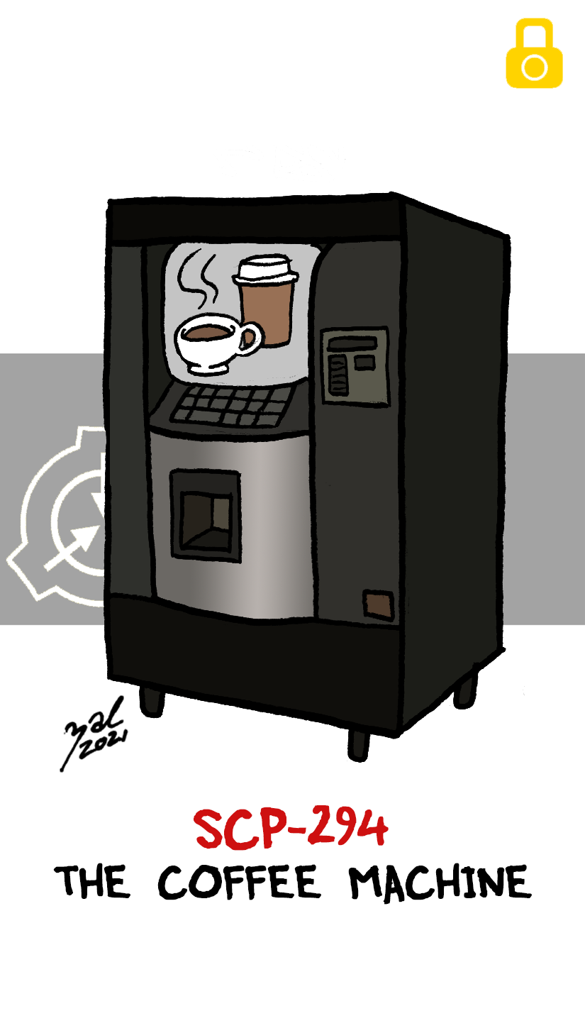 2021 ambiguous_gender beverage black_body black_text character_name coffee coffee_cup colored container cup dated digital_drawing_(artwork) digital_media_(artwork) disposable_cup english_text hi_res inanimate_object keyboard living_machine lock_symbol logo machine not_furry red_text scp-294 scp_foundation signature simple_background solo text vending_machine white_background yellow_lock_symbol zal-cryptid