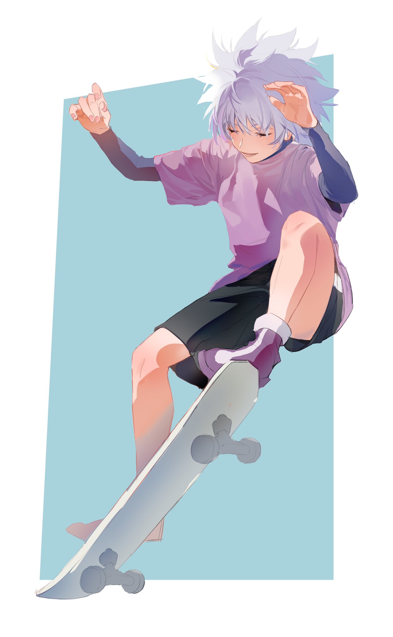 1boy closed_eyes full_body go_shika_anan green_background highres hunter_x_hunter killua_zoldyck layered_sleeves long_sleeves male_child male_focus shirt short_hair short_over_long_sleeves short_sleeves shorts skateboard skateboarding smile solo two-tone_background white_background white_hair white_shirt